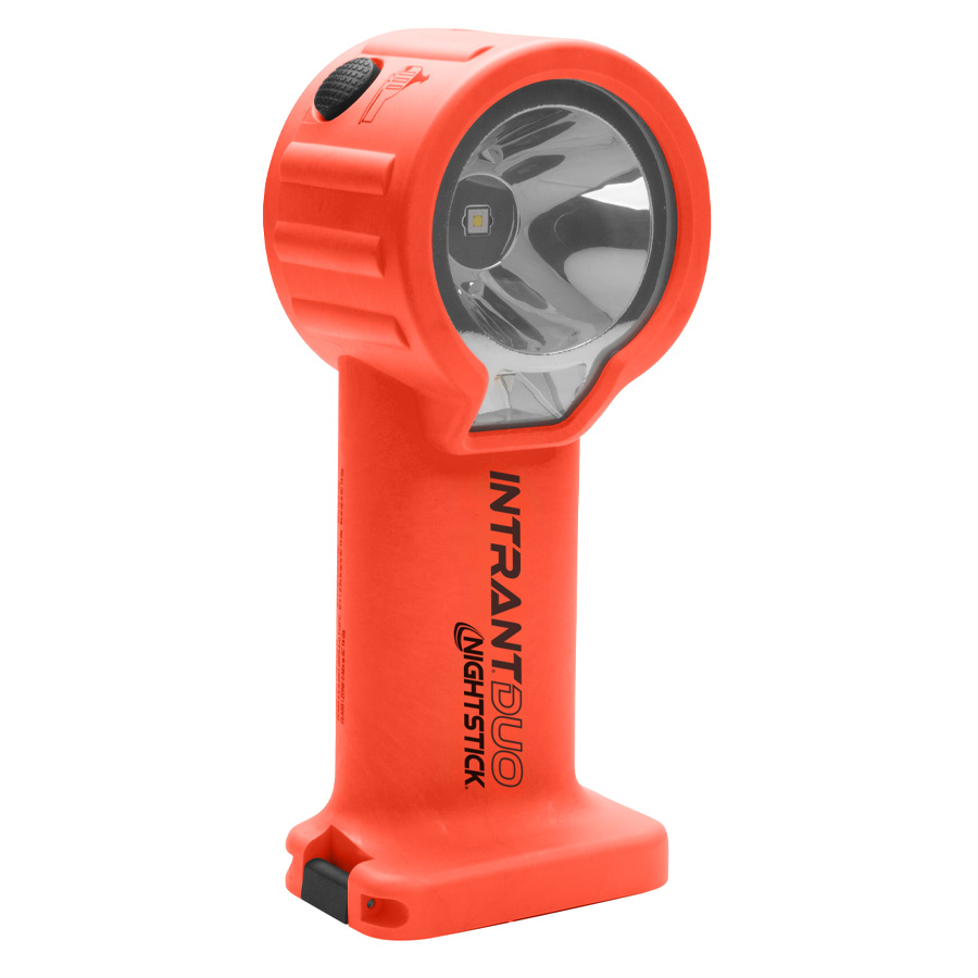 A red and black INTRANT DUO intrinsically safe angle light with a large handle and a frontal LED light, certified for use in hazardous environments.