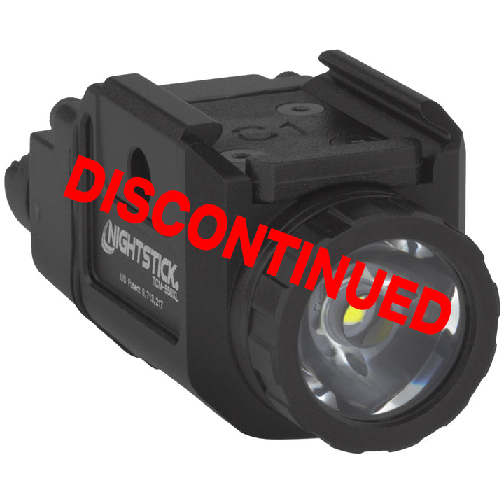 A black Nightstick Tactical US Patent G-910-07 flashlight with a prominent red 'DISCONTINUED' text overlay, shown on a plain white background.