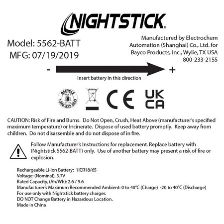 5562-BATT: Replacement Li-Ion Battery - XPR-5562GX Series Headlamp