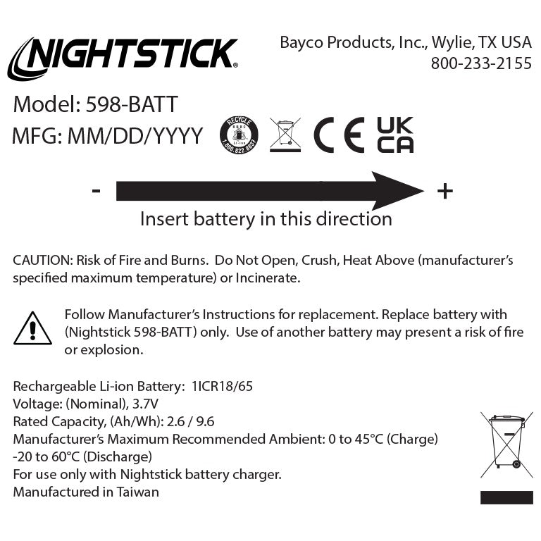 598-BATT: Rechargeable Li-ion Battery - Select Nightstick TAC/USB Series
