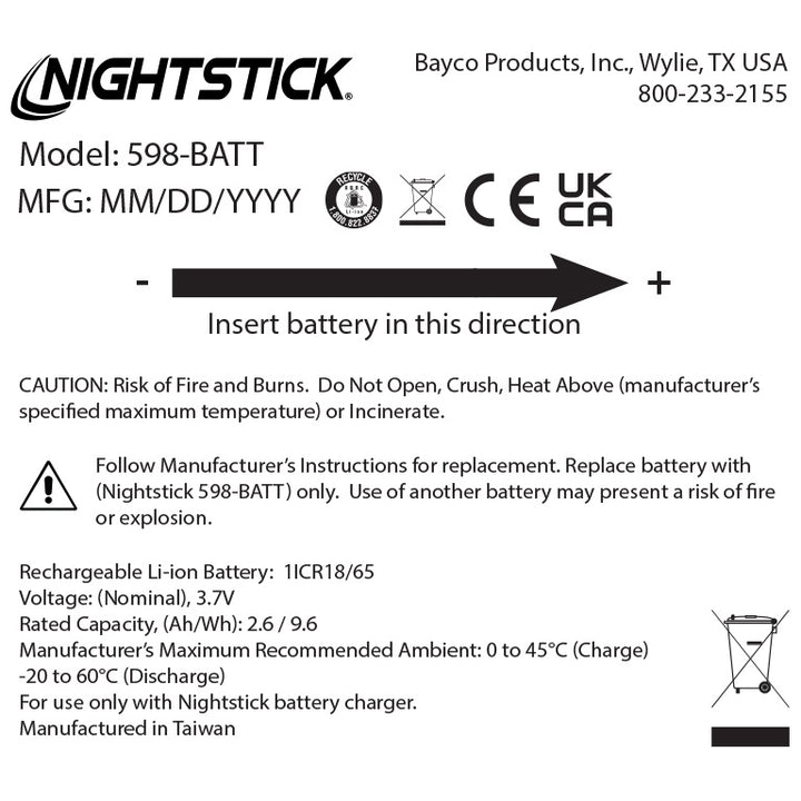 598-BATT: Rechargeable Li-ion Battery - Select Nightstick TAC/USB Series
