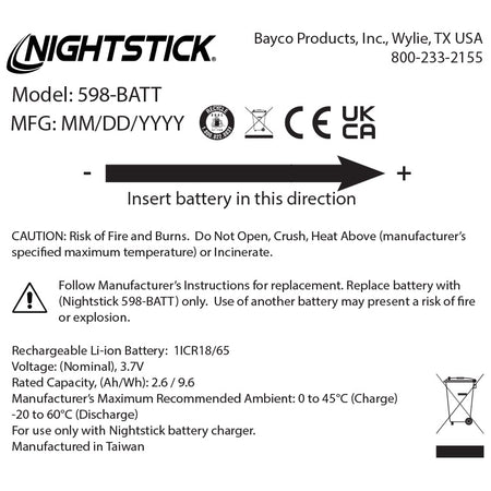 598-BATT: Rechargeable Li-ion Battery - Select Nightstick TAC/USB Series