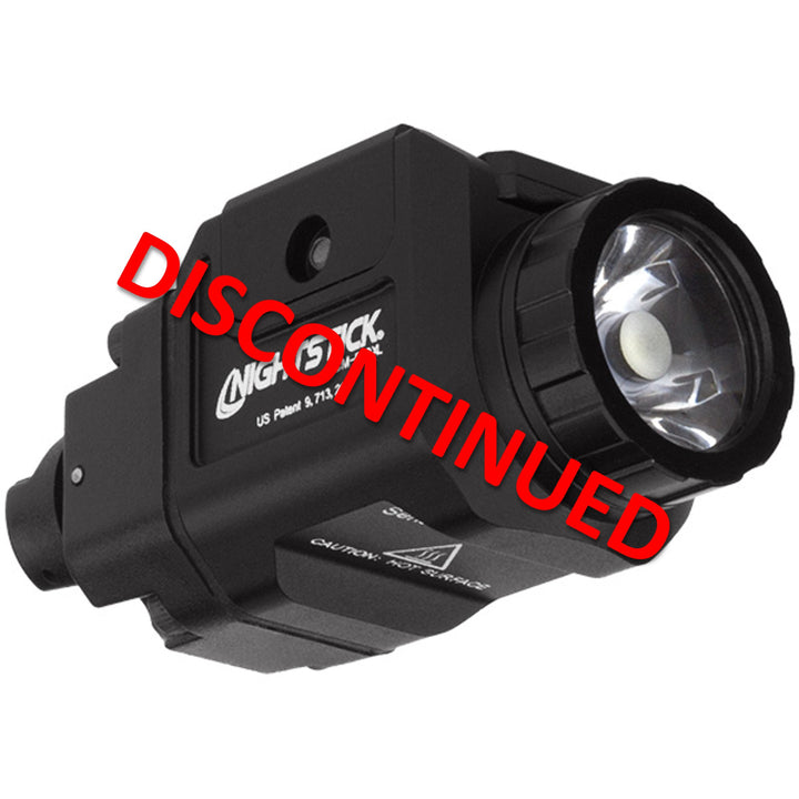 A black tactical flashlight with a clear lens, featuring the 'MGL TACK' brand logo on the side, shown against a plain white background with a red diagonal 'DISCONTINUED' text overlay.