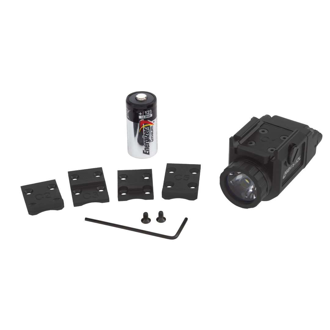 Black tactical light with mounting brackets and a battery on a white background