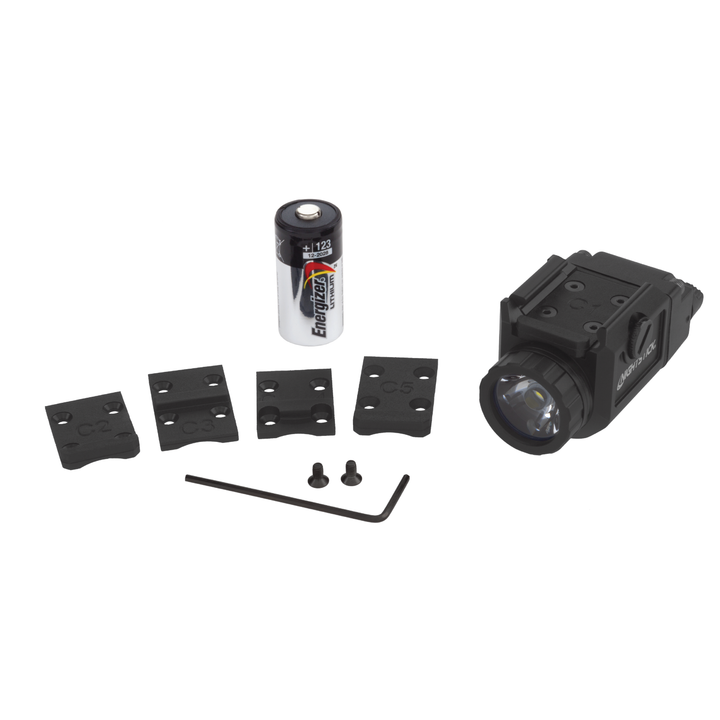 Black tactical light with mounting brackets and a battery on a white background
