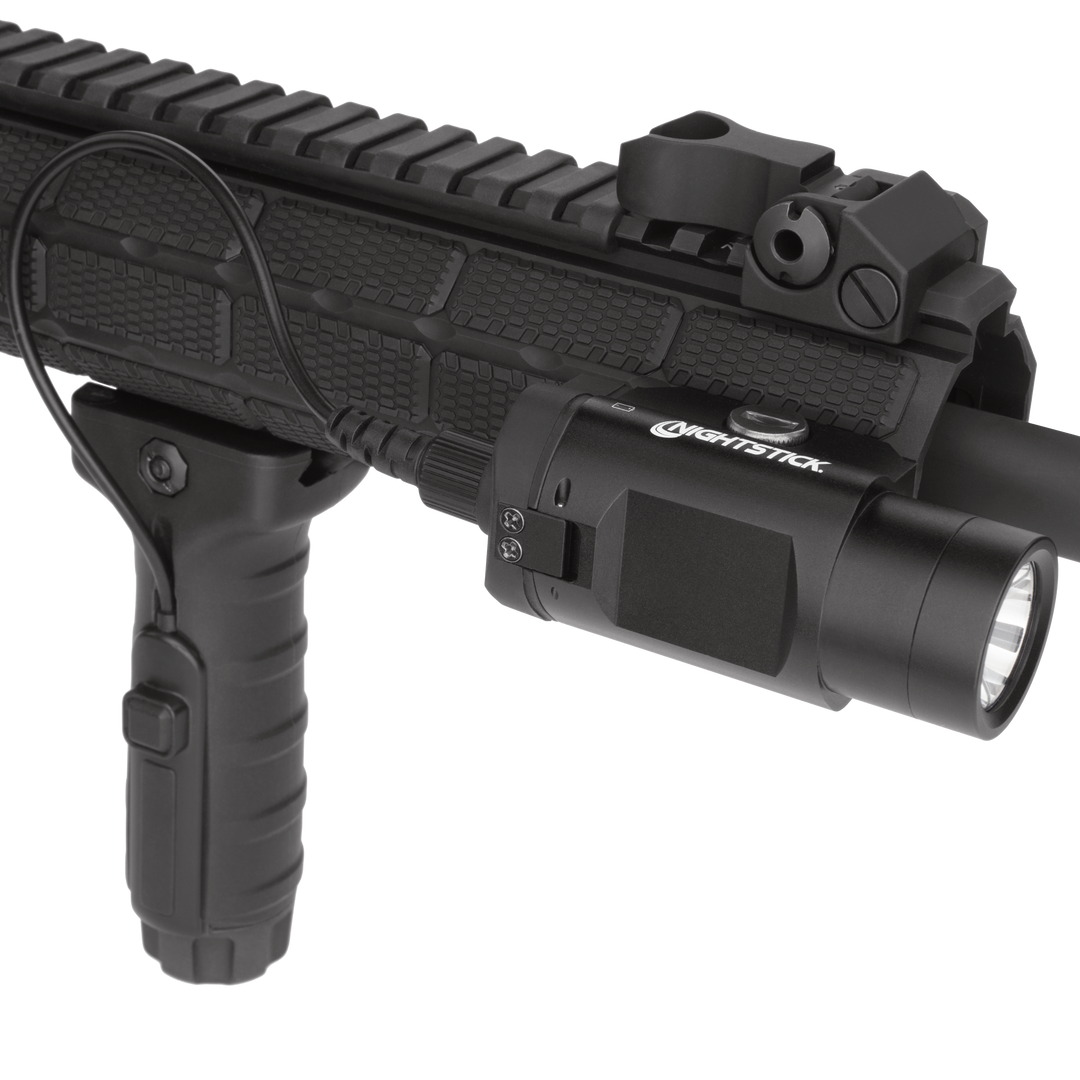 Black firearm with attached flashlight on a white background