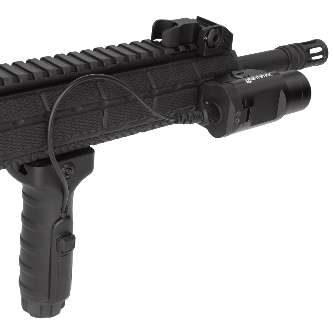 Black firearm with mounted flashlight on a white background