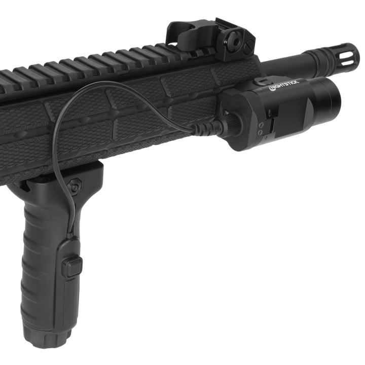 Black firearm with mounted flashlight on a white background