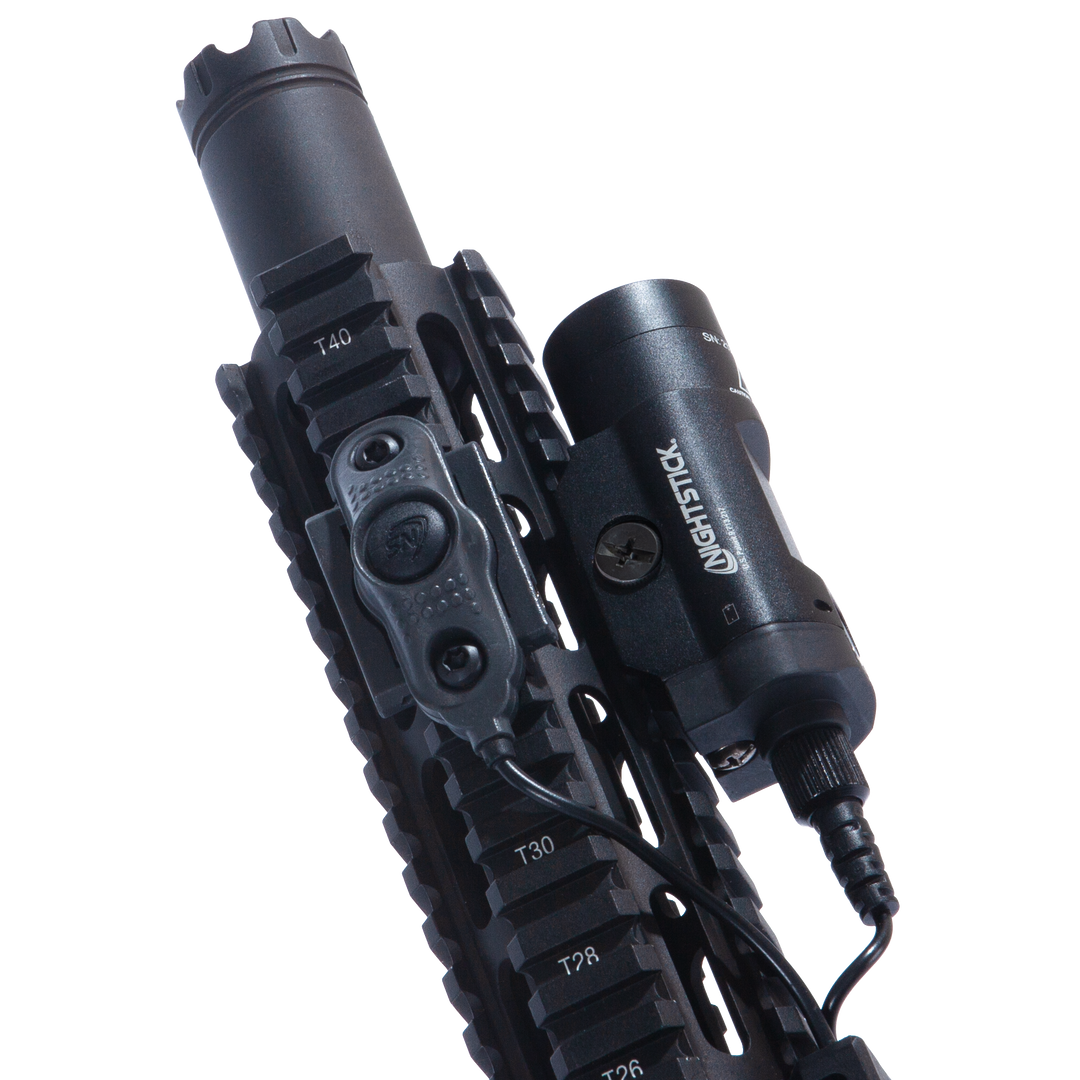 Black tactical flashlight with multiple buttons and a brand logo on a white background