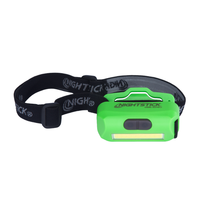Green headlamp with black strap on a white background