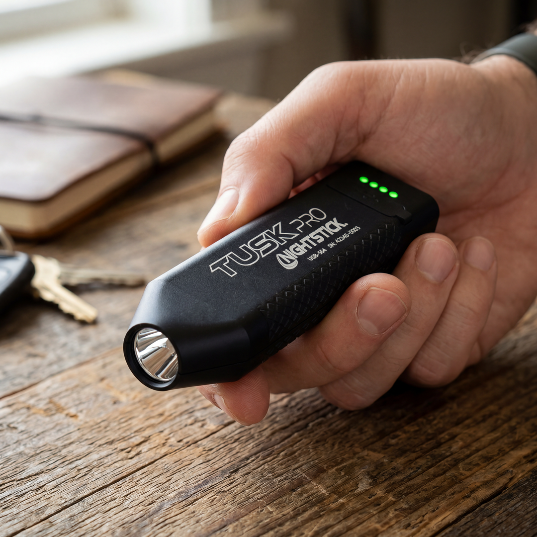 Hand holding a Tusk Pro Night Attack flashlight on a wooden surface