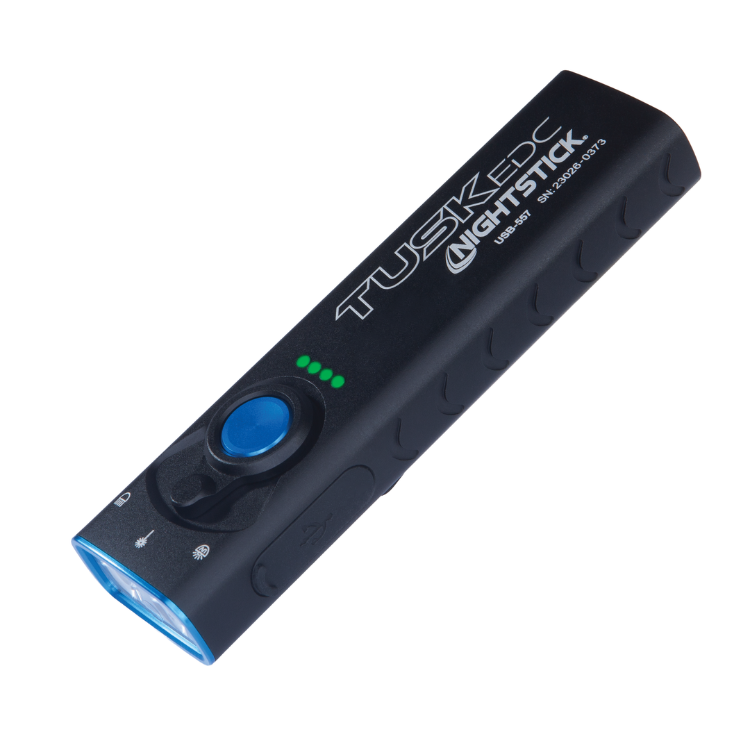 Black electronic device with blue button and 'Tusktec Nightstick' branding on a white background