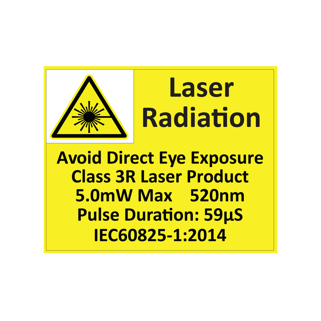 Laser radiation warning sign with text and symbol on a yellow background