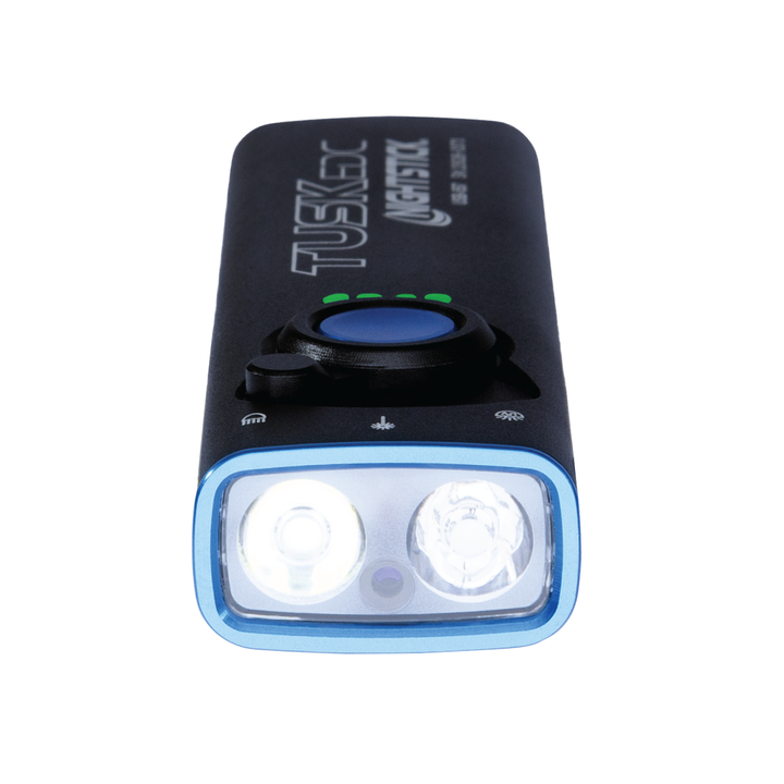 Black and blue headlight with visible branding on a white background
