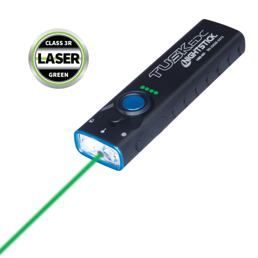 Tusk EDC Nightstick with green laser on a white background