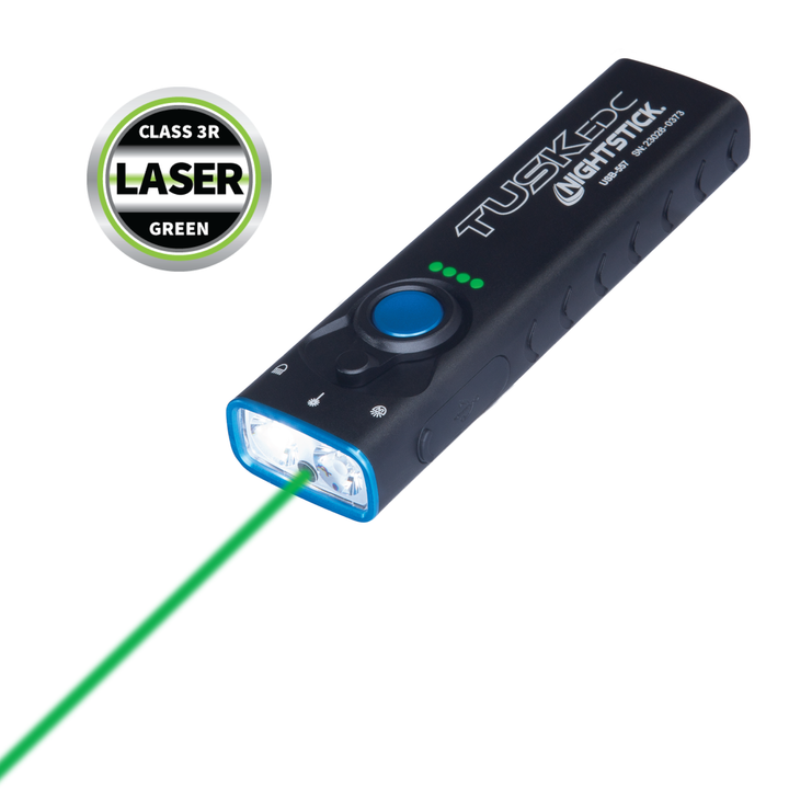 Tusk EDC Nightstick with green laser on a white background