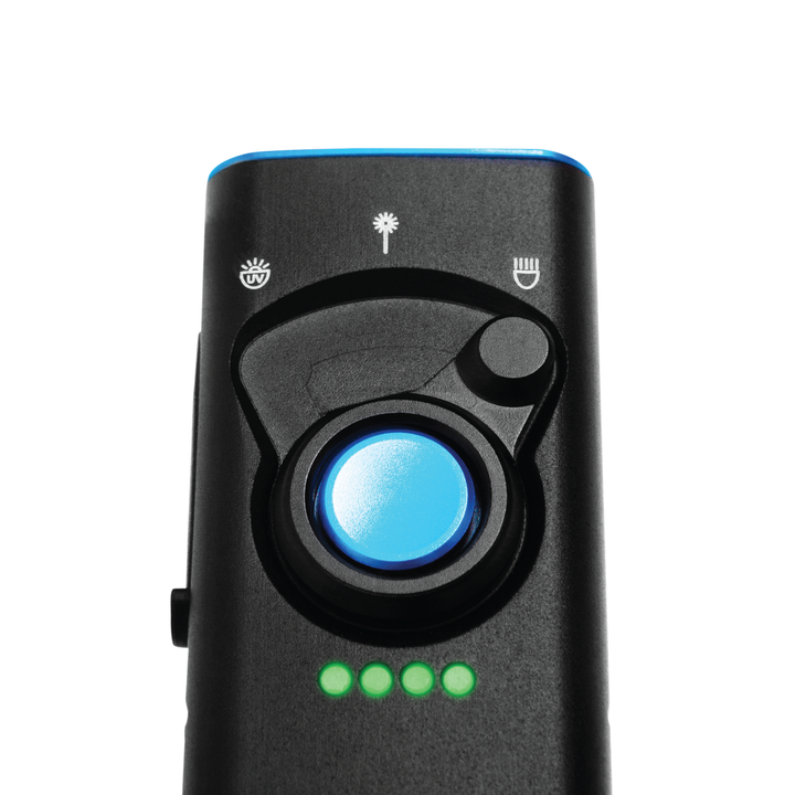 Black electronic device with a blue light on a white background