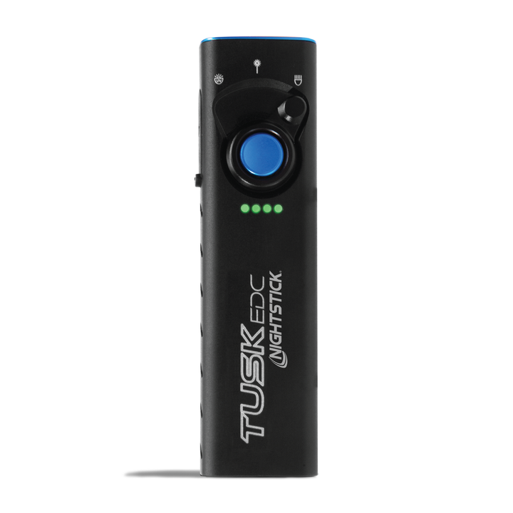 Black Tusk EDC Nightstick device with blue button on a white background