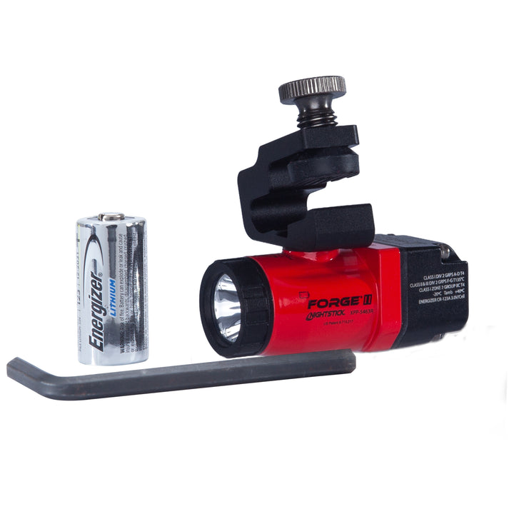 Red and black flashlight with clamp and Energizer battery on a white background