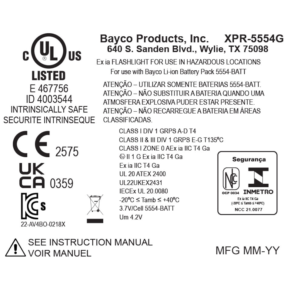 G8001ページ XPR-5554G: USB Intrinsically Safe Dual-Light Headlamp