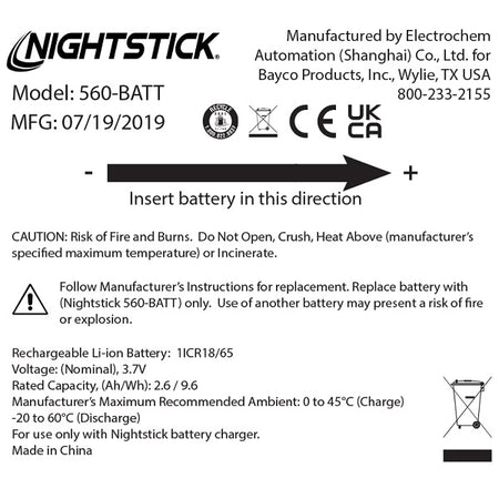 560-BATT: Rechargeable Li-ion Battery - Select Nightstick TAC Series