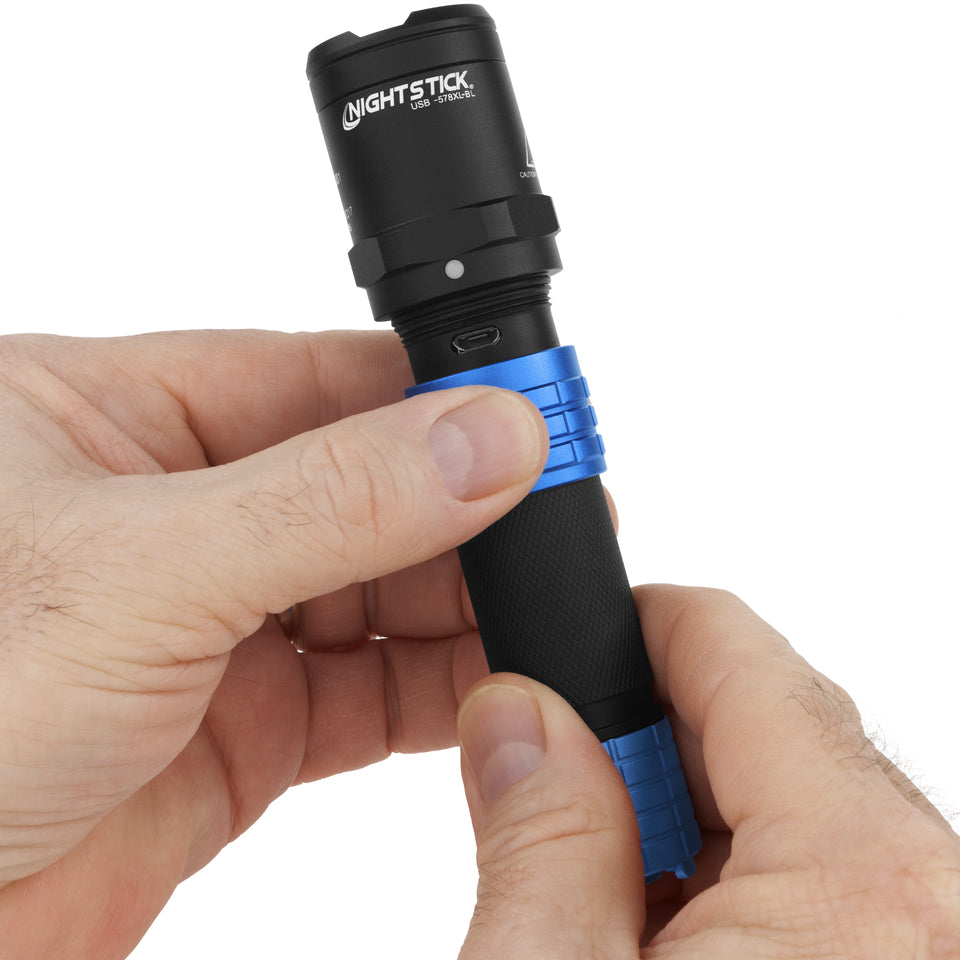 blue recharge flashlight USB-578XL-BL: USB Dual-Light Rechargeable Flashlight w/Holster