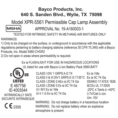 XPR-5561GC: [Zone 0] IS Permissible Rechargeable ATEX Dual-Light Cap Lamp w/Mount