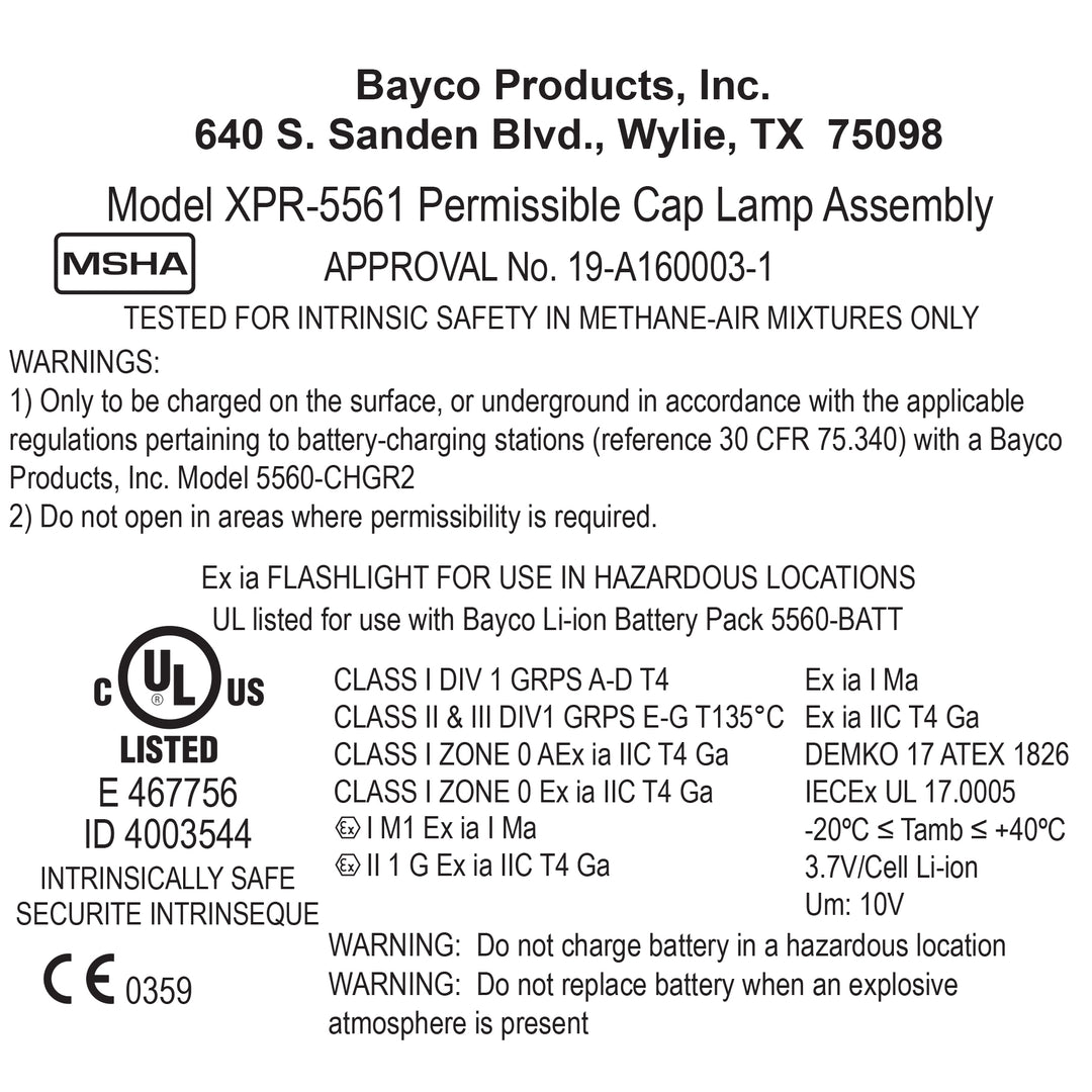 XPR-5561G: [Zone 0] IS Permissible Rechargeable ATEX Dual-Light Cap Lamp